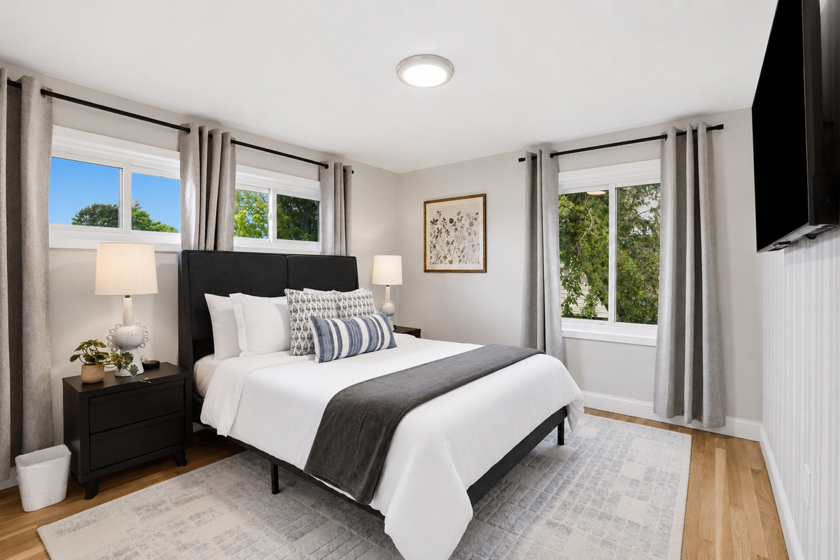 This cozy and inviting bedroom features a comfortable bed, soft natural light, neutral decor, and a peaceful atmosphere perfect for restful nights.