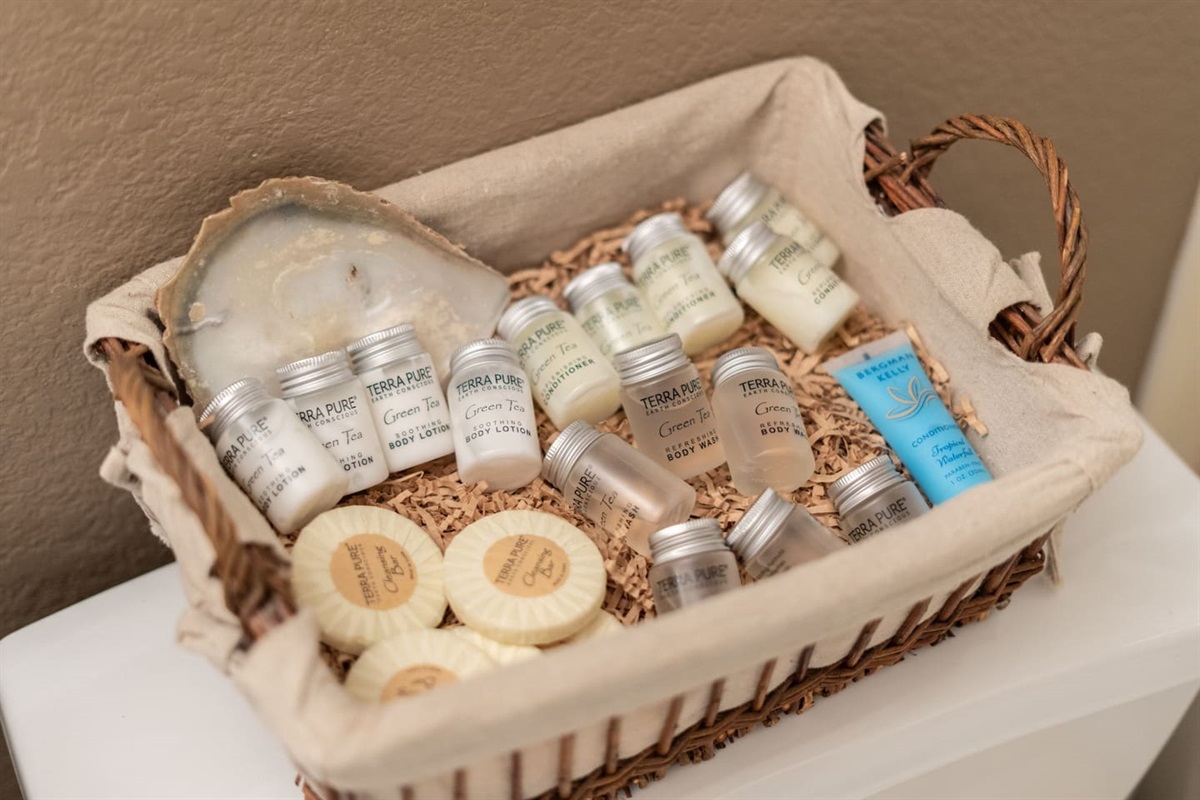 A curated welcome basket of Terra Pure toiletries — shampoo, conditioner, body lotion, soap, and more — means you can pack light and still feel pampered from day one.