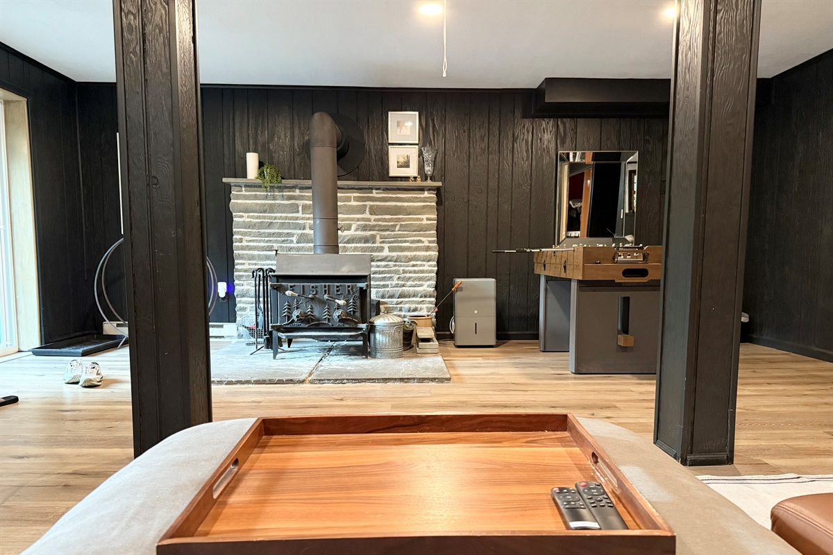 family room with wood stove