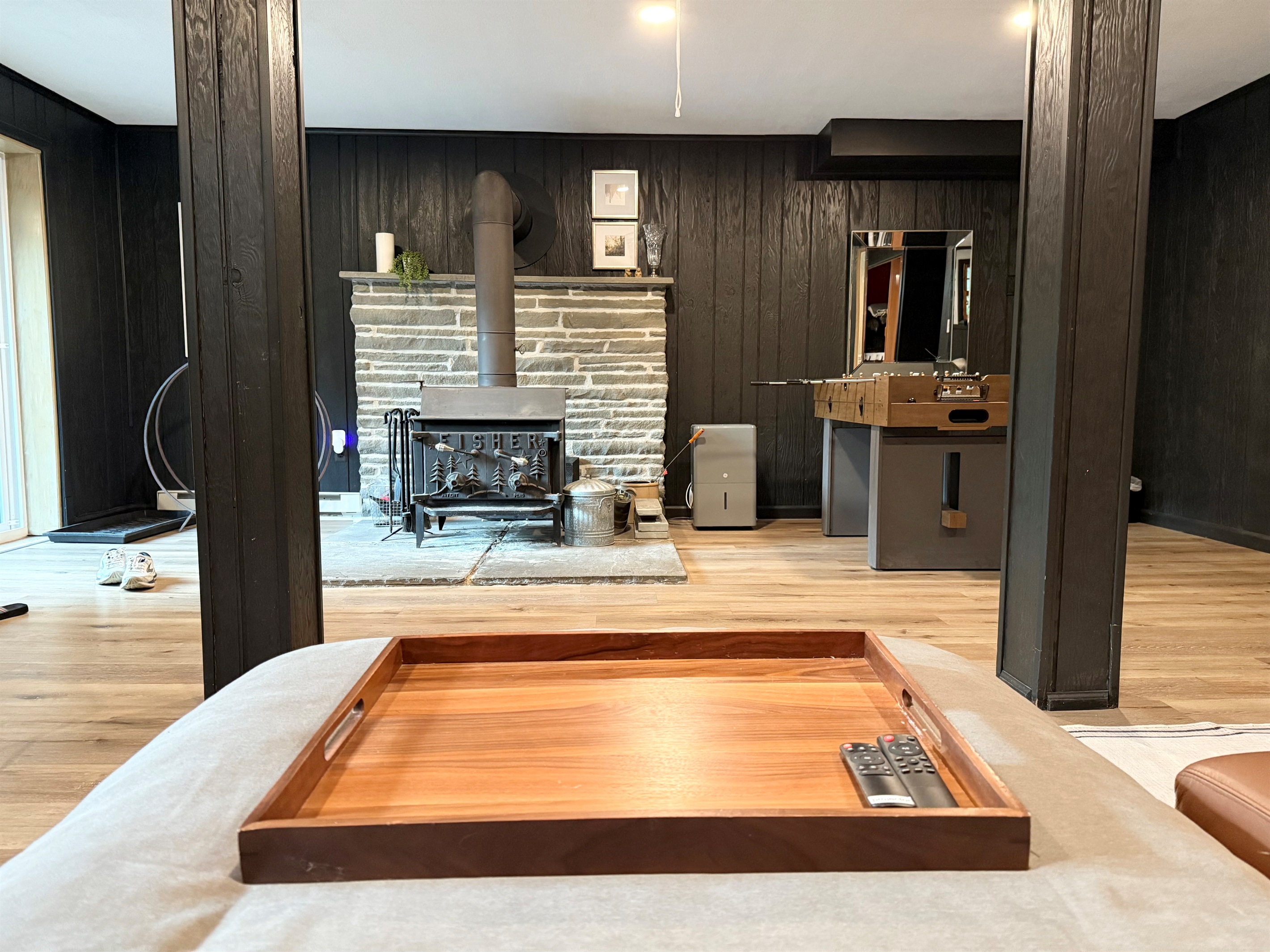 family room with wood stove