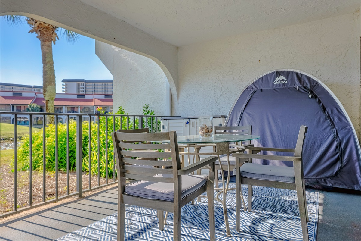 Largest covered patio with storage for beach chairs