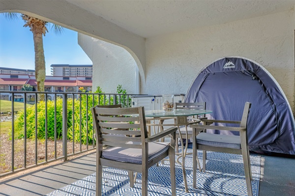 Largest covered patio with storage for beach chairs