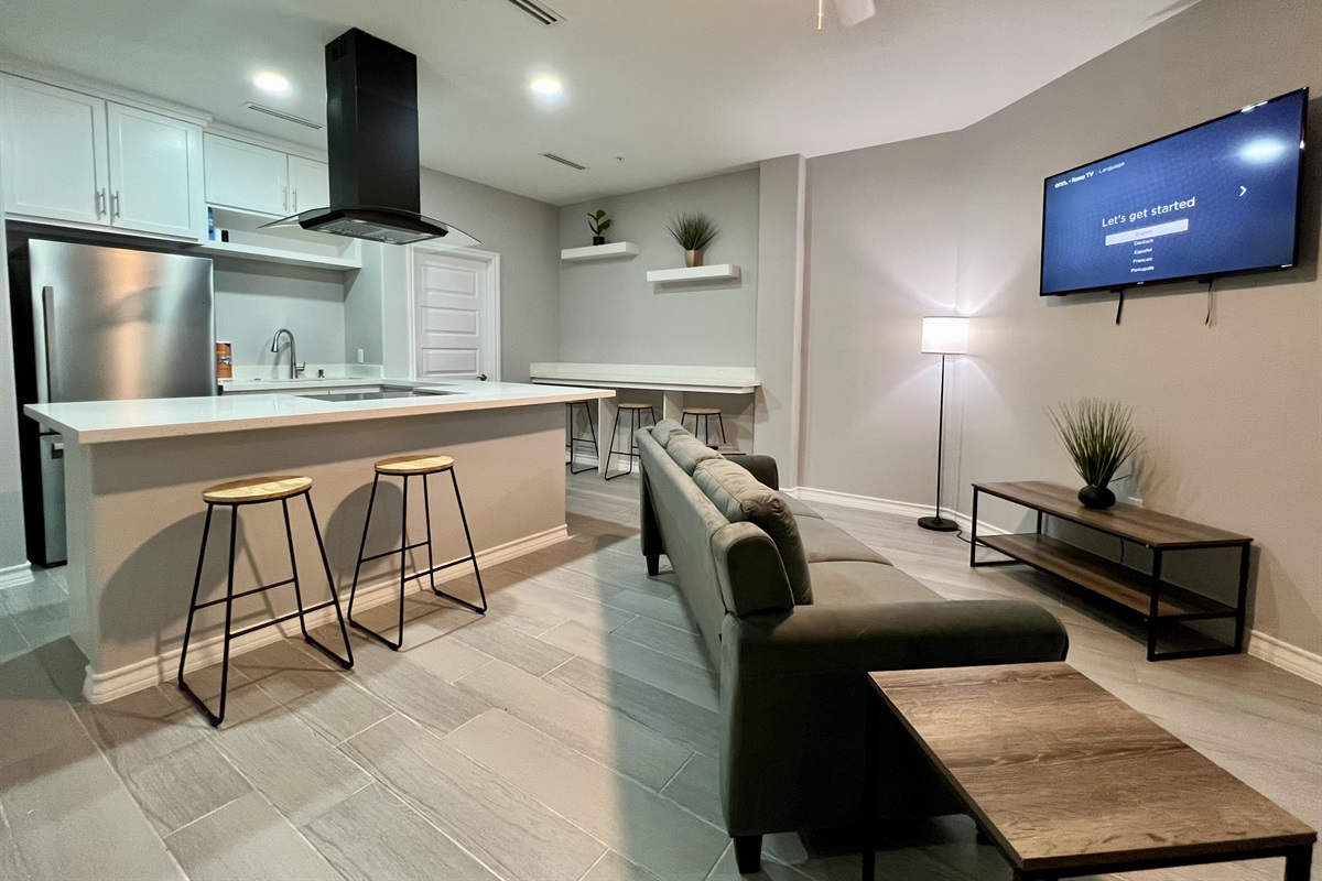Main Area with RokuTV with Fully Functional Kitchen