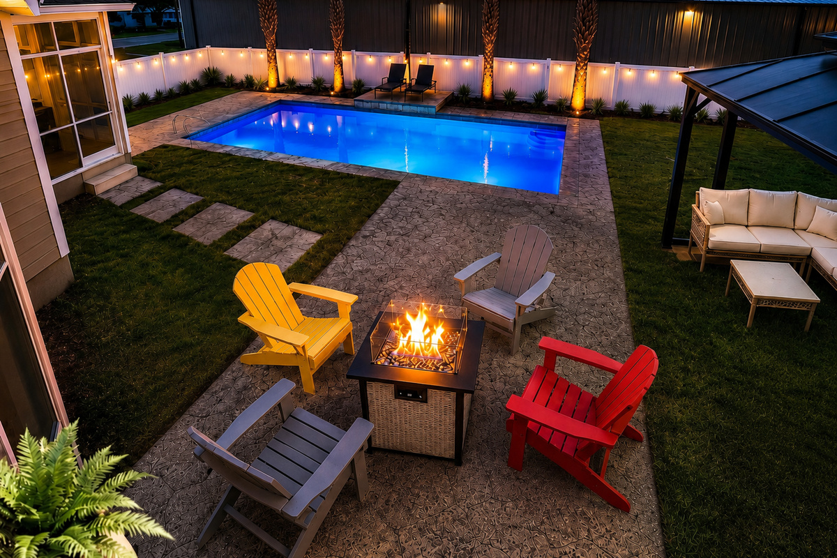 Backyard firepit and pool