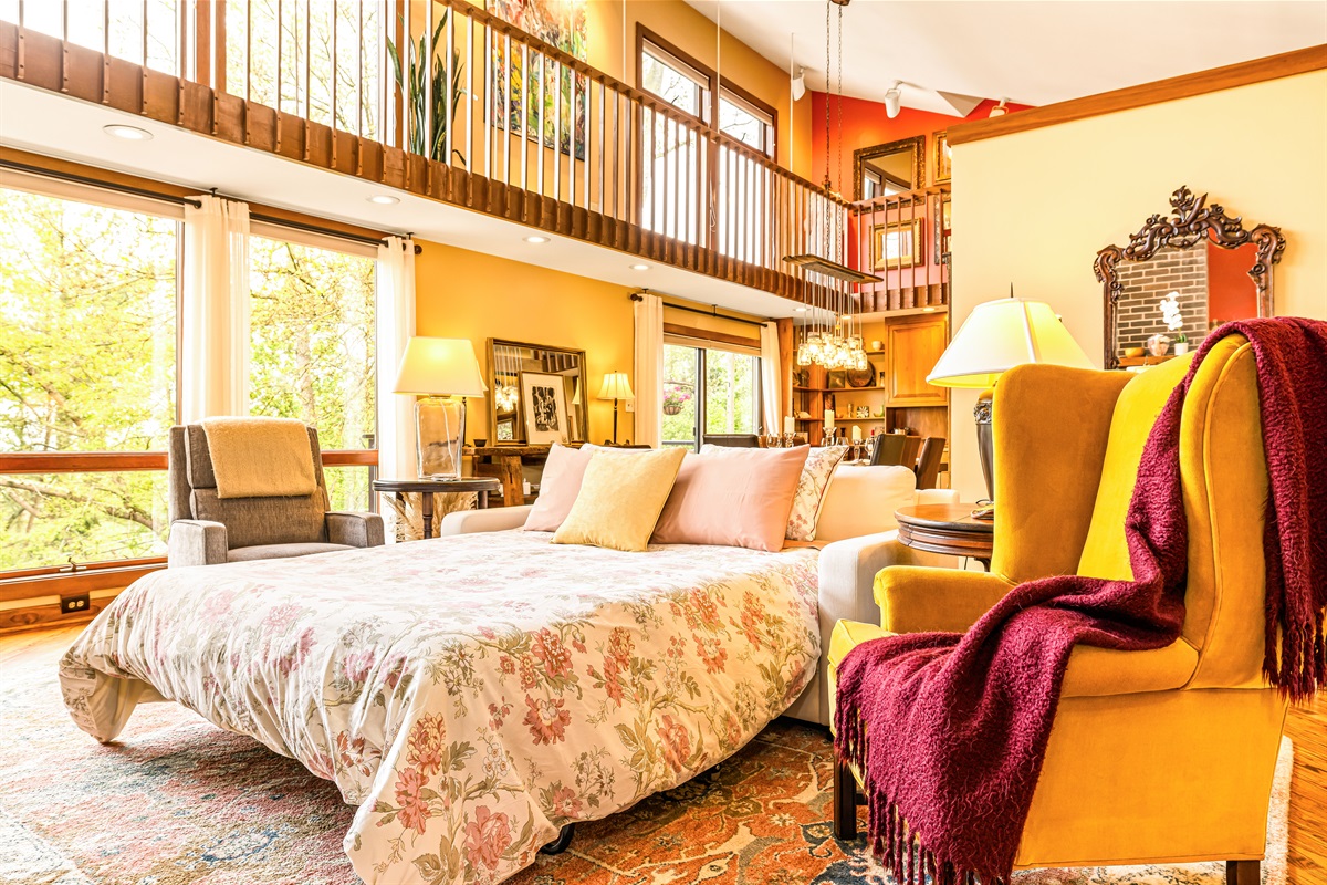 The Great Room's sofa opens into a very comfortable Queen memory foam mattress!