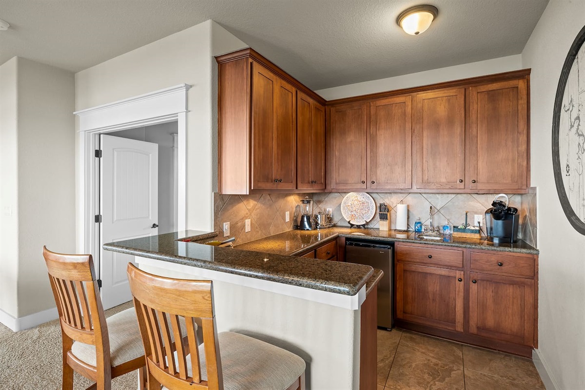 Fully Equipped Wet Bar with Keurig Machine, Dishes and Glassware
