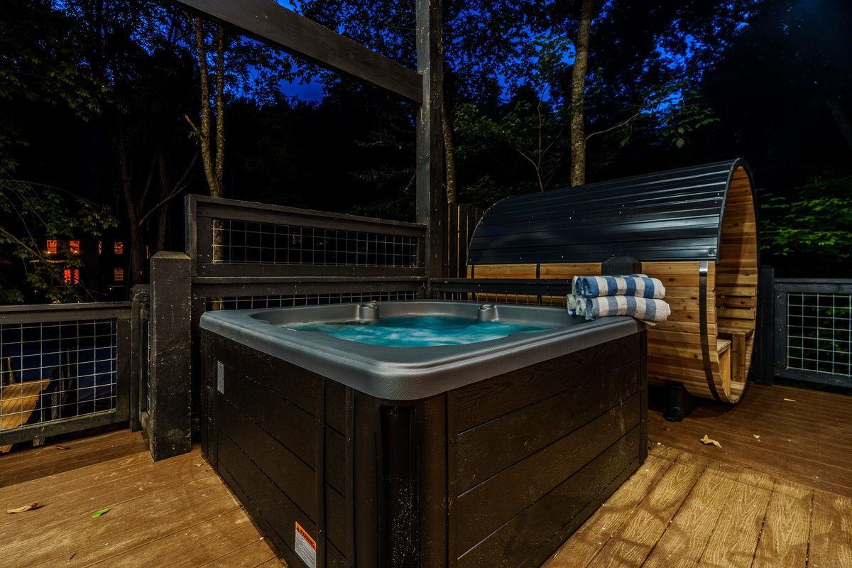 Unwind after a day of adventure with a private hot tub and cedar barrel sauna.