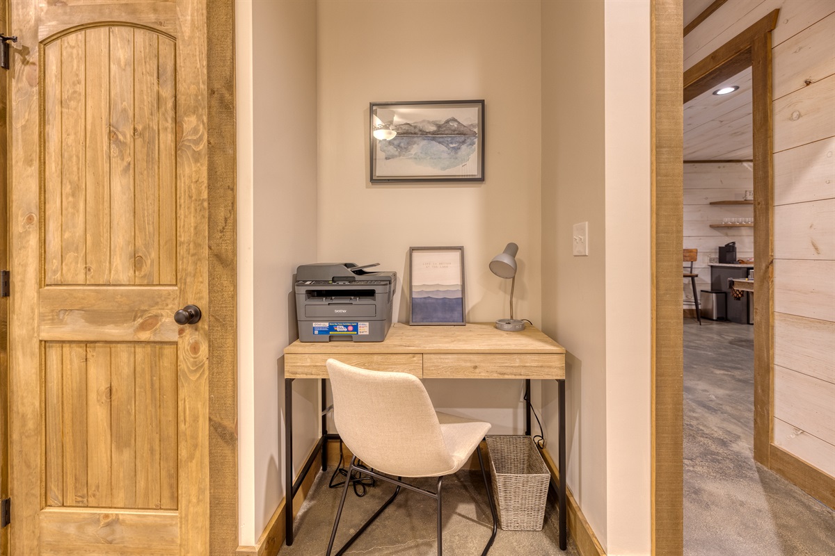 Desk and printer located in the lower level king bedroom.  Paper and printer ink provided