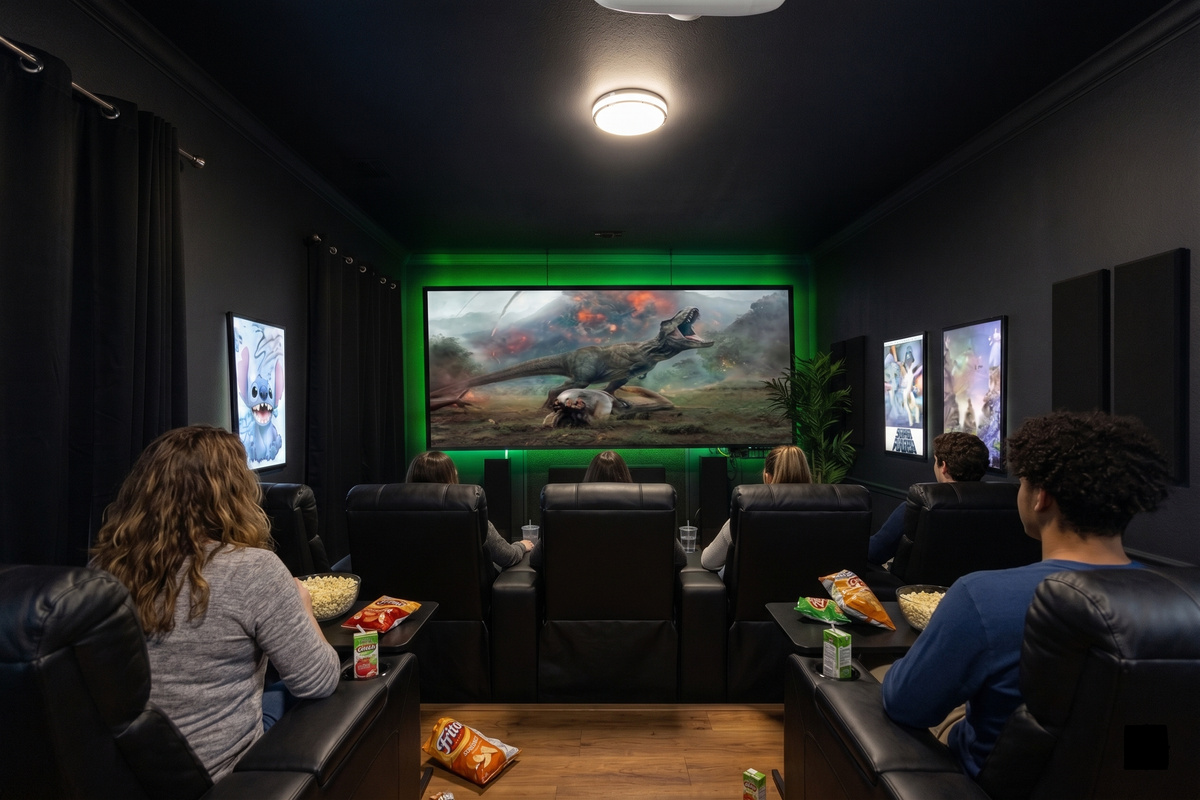 Why go to the movies when the cinema comes to you? 🎬🍿 Dim the lights, start up the popcorn machine, and dive into a true cinematic experience with our 4K projector and Dolby Surround Sound. 