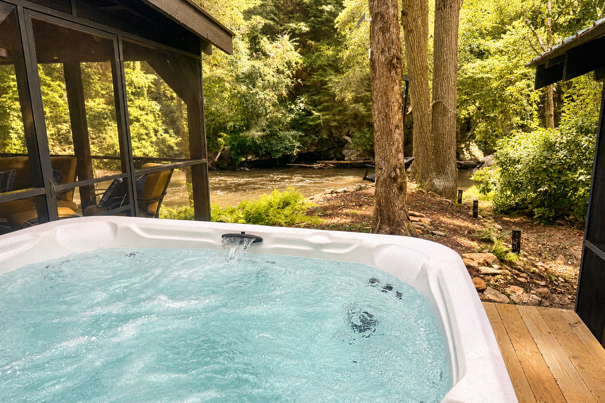 Soak in the hot tub while enjoying peaceful views of the Cartecay River.