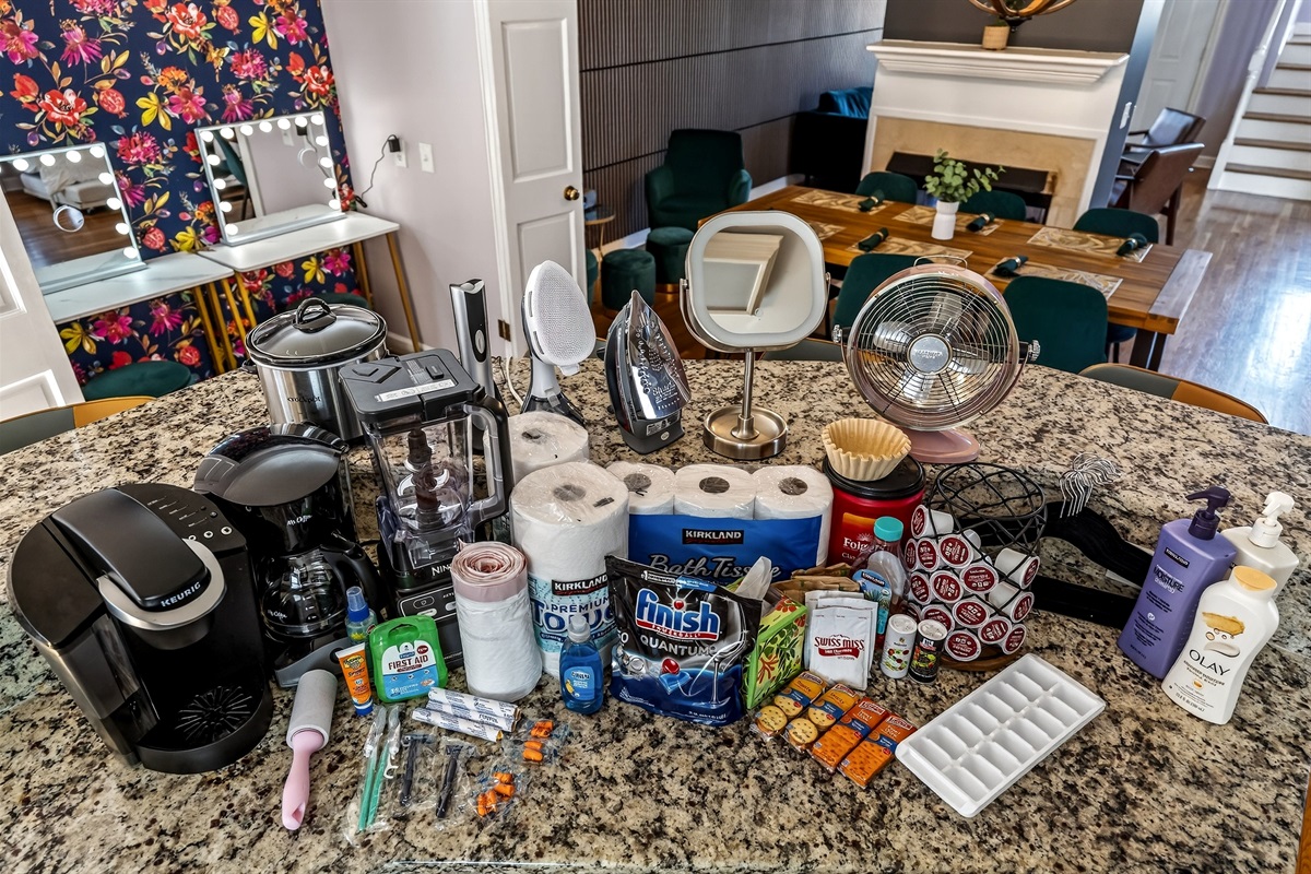 Just a few items we offer our guests! No Starter Packs here, we know no one wants to be buying toilet paper and trash bags on vacation :) Forgot your toothbrush? We have a new one for you! We care about you!