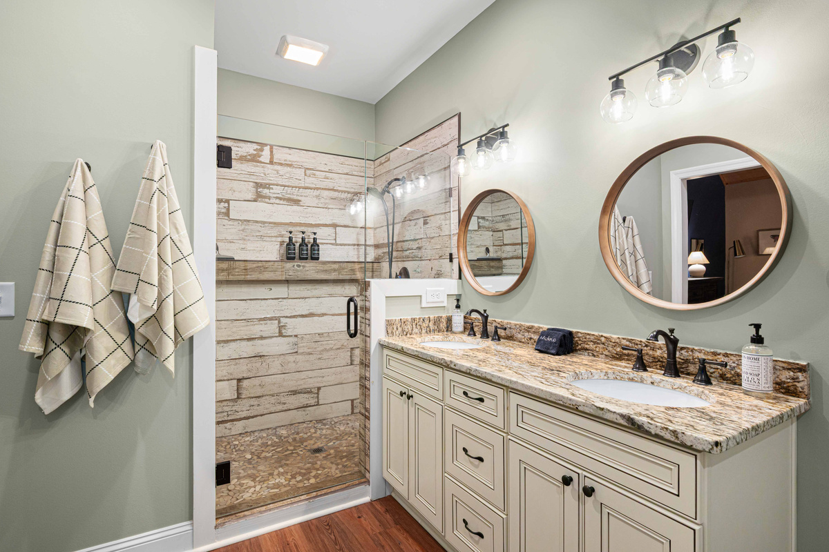 Spa-inspired walk-in shower and double vanity for added comfort.