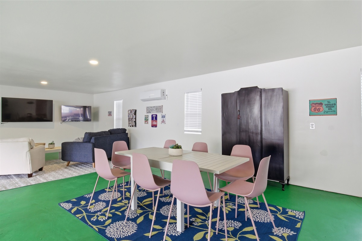 Game Room lounge seating, 60" Smart TV, and high-speed Wi-Fi throughout. Pool Table, Ping Pong Table, Foosball, and Arcade Games all included. Arlington TX group rental.