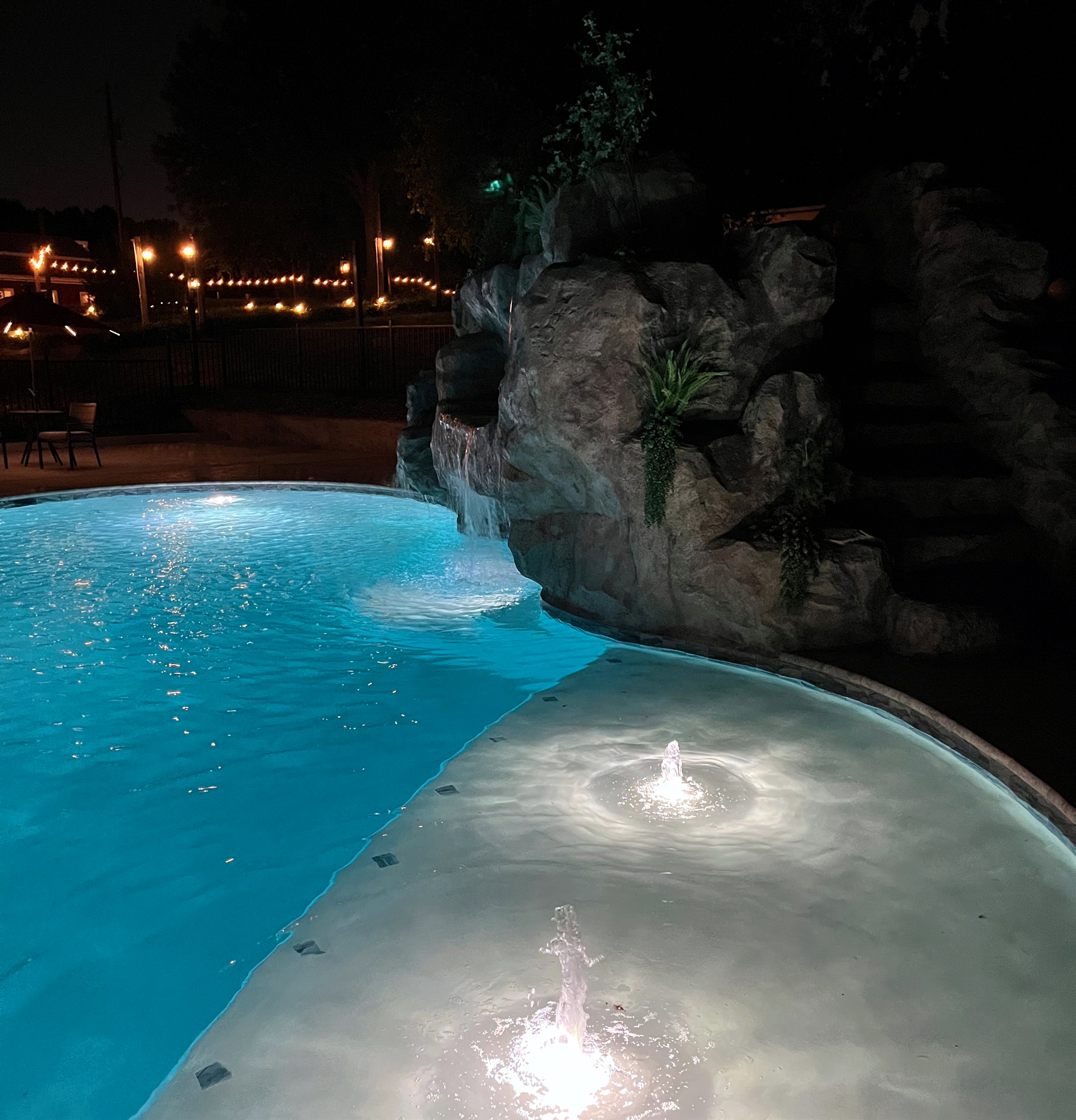 Nighttime magic, light show and water sounds