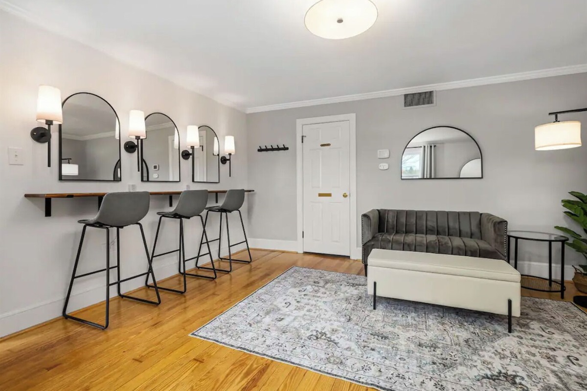 Getting ready room (also Bedroom #1)  includes a beauty bar & queen Murphy bed.