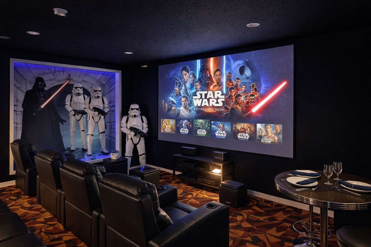 Enjoy immersive movie nights in your very own Star Wars home theater featuring 150" screen, surround sound, streaming and bluetooth.