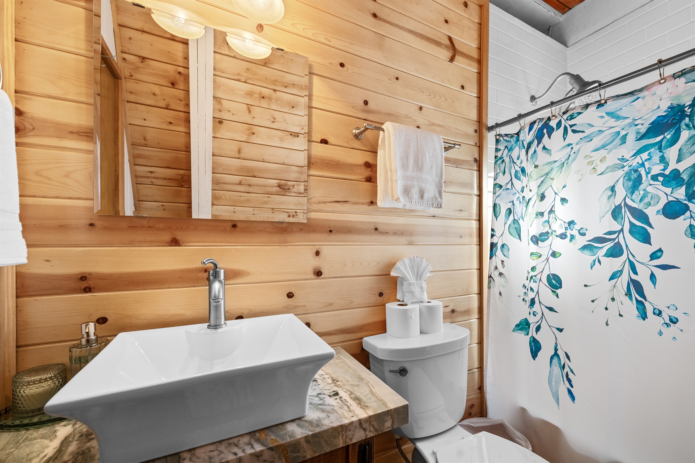 Full guest bathroom located downstairs