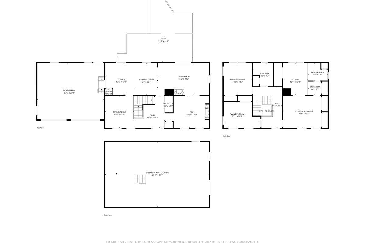 View the clever layout of Seven Peaks Ridge. This floor plan shows the separation between the main-level social areas and the quiet upper-level bedrooms. See the 2-car garage, large back deck, and dedicated laundry area for your Acadia stay.