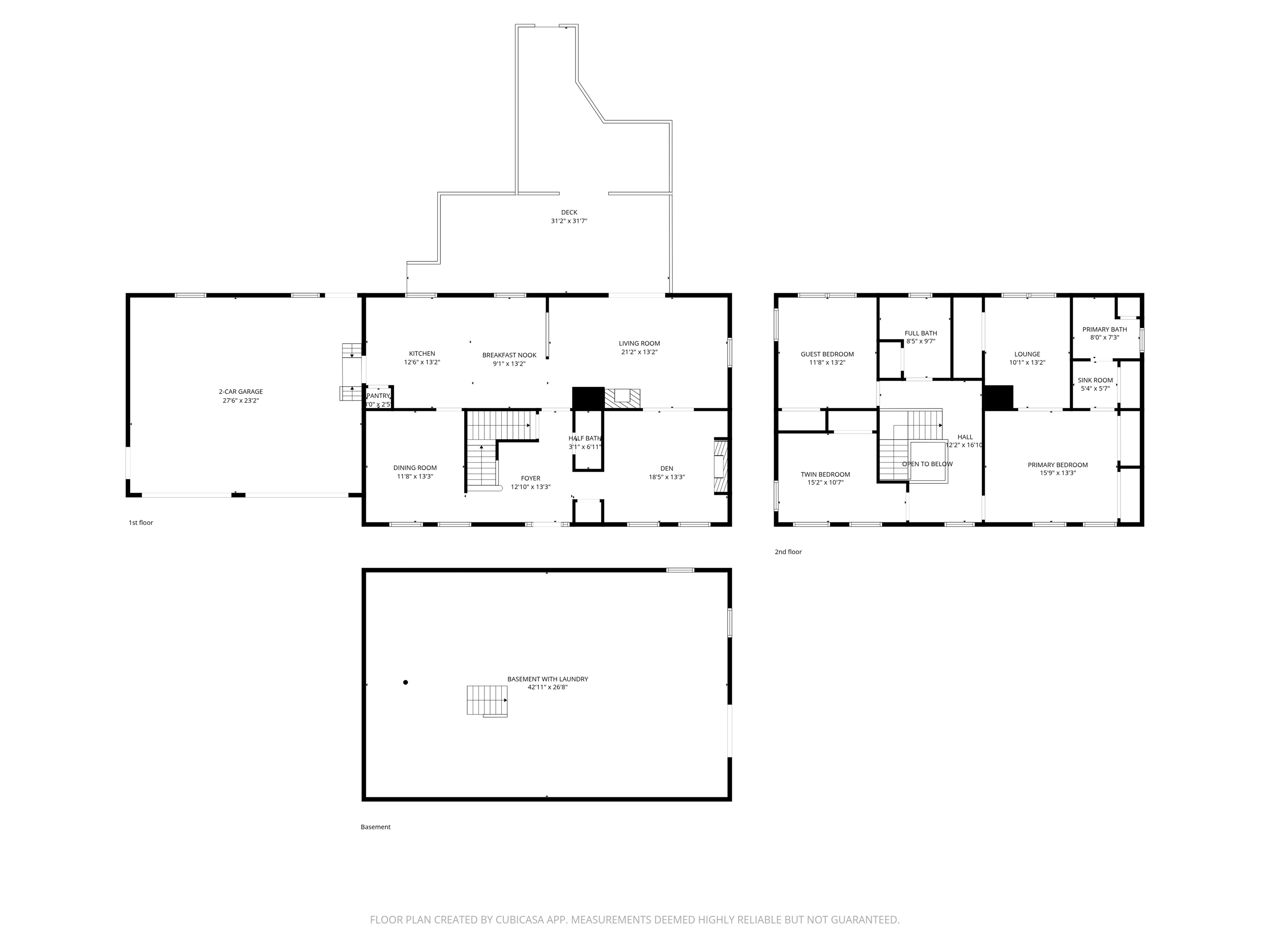 View the clever layout of Seven Peaks Ridge. This floor plan shows the separation between the main-level social areas and the quiet upper-level bedrooms. See the 2-car garage, large back deck, and dedicated laundry area for your Acadia stay.