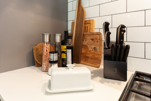 Spices, knifes, cutting boards.
