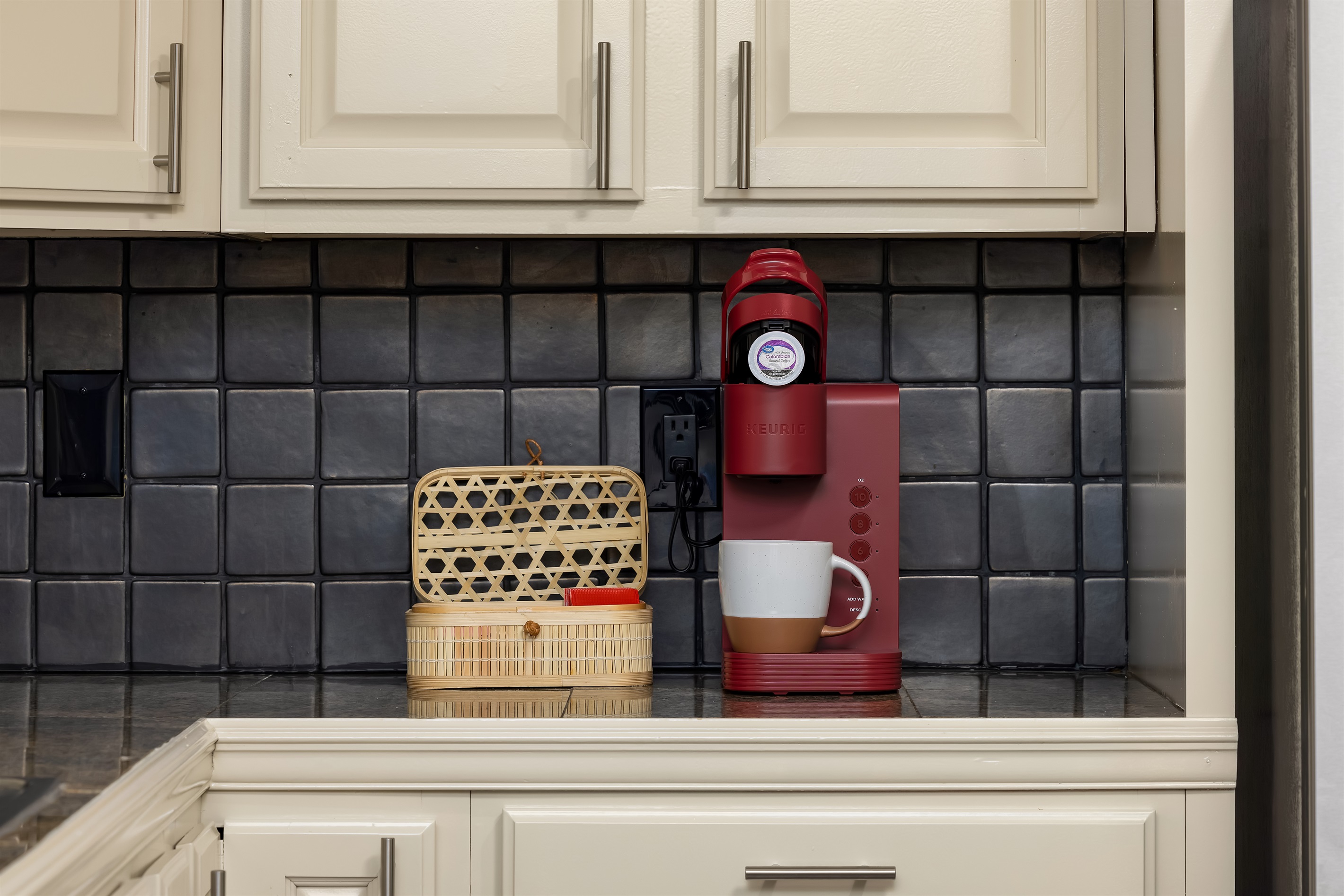 Get ready to tackle your day at our coffee bar! We provide an assortment of coffee and teas, plus cream and sugar!