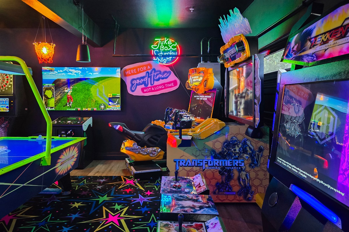 Commercial grade arcades include Golden Tee, Air Hockey, Super Bikes 2, Transformers, Street Fighter 6, and so much more for hours of entertainment!