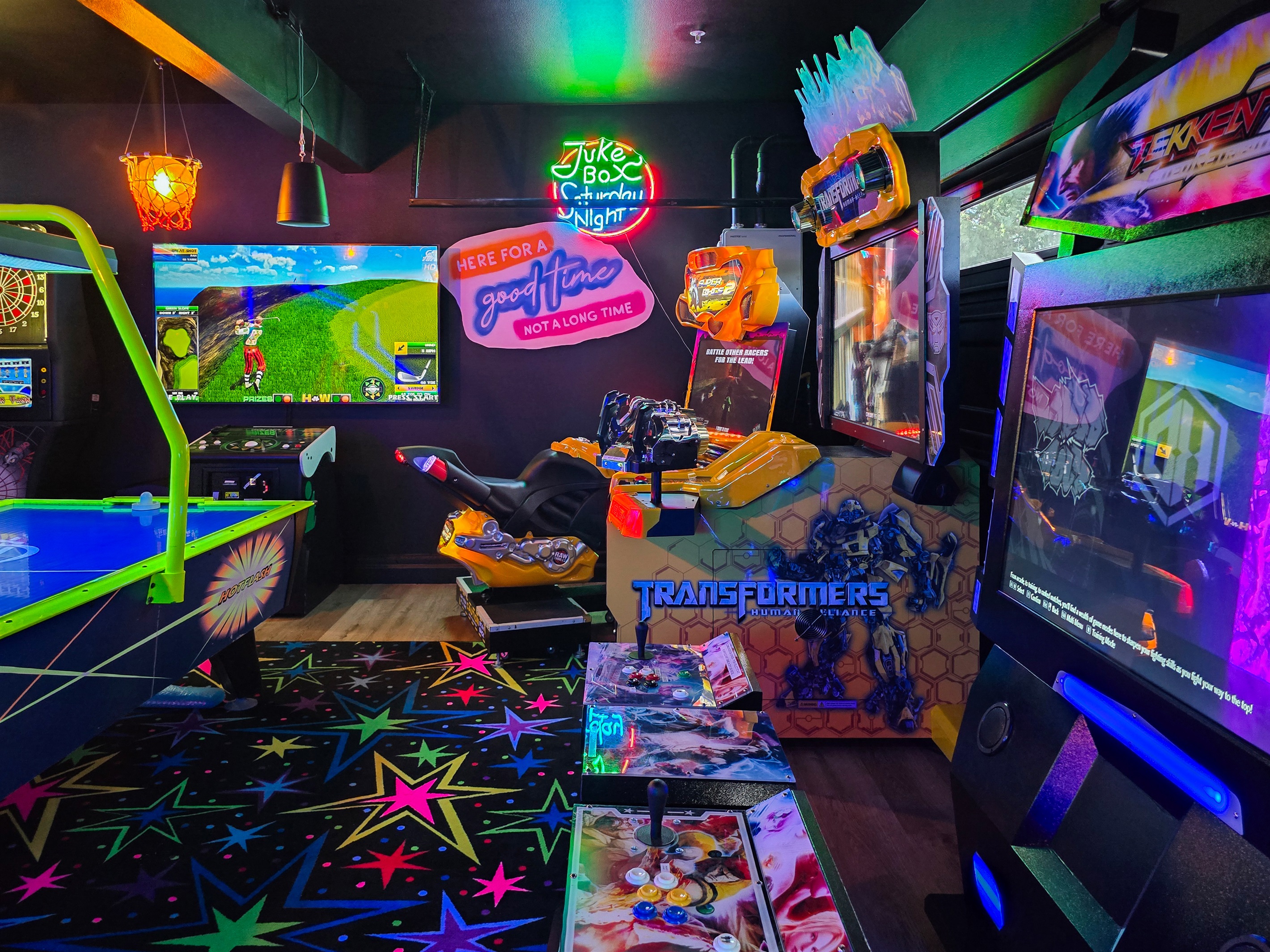 Commercial grade arcades include Golden Tee, Air Hockey, Super Bikes 2, Transformers, Street Fighter 6, and so much more for hours of entertainment!