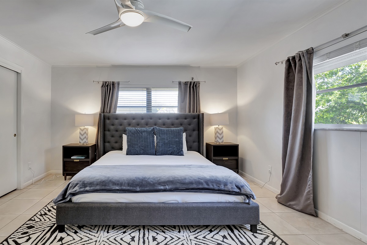 The plush primary bedroom