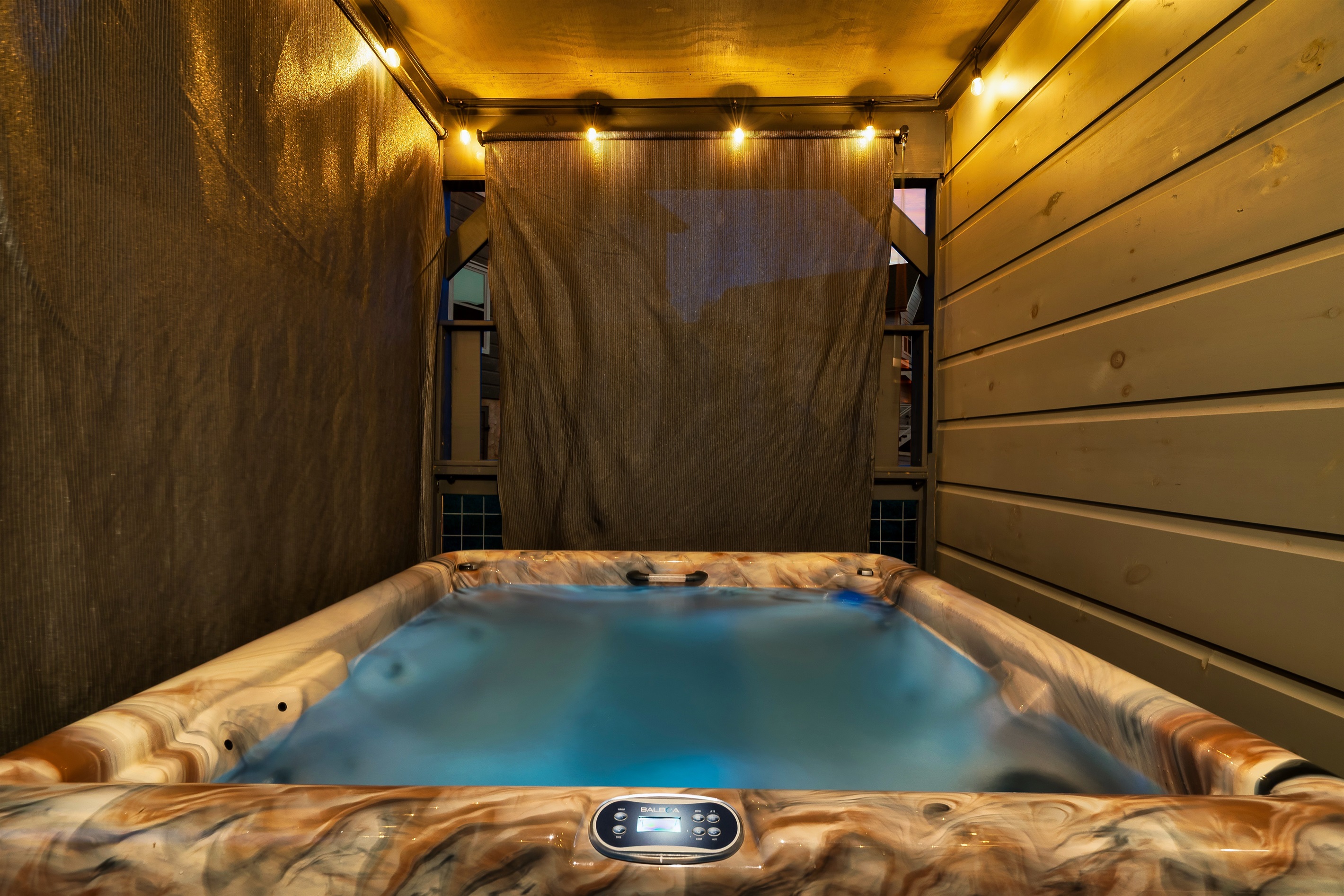 Hot tub with privacy/sun shades down