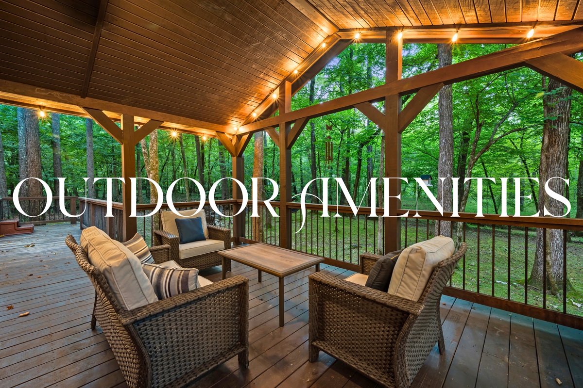 Covered outdoor seating area with comfortable wicker furniture, overhead lighting, and forest ambiance.