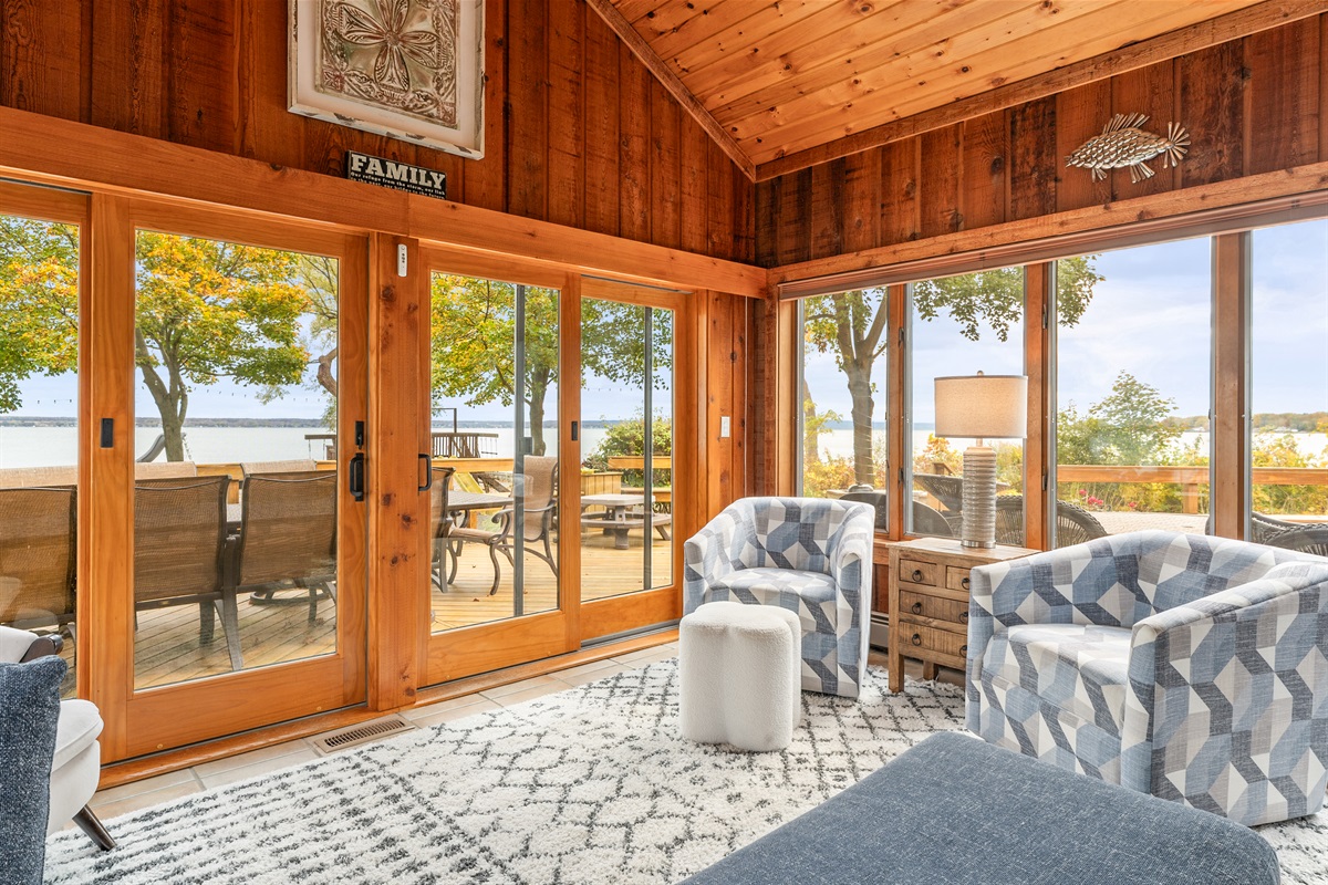 The perfect spot to sip your morning coffee and watch the sunrise over the lake — peaceful, bright, and beautiful