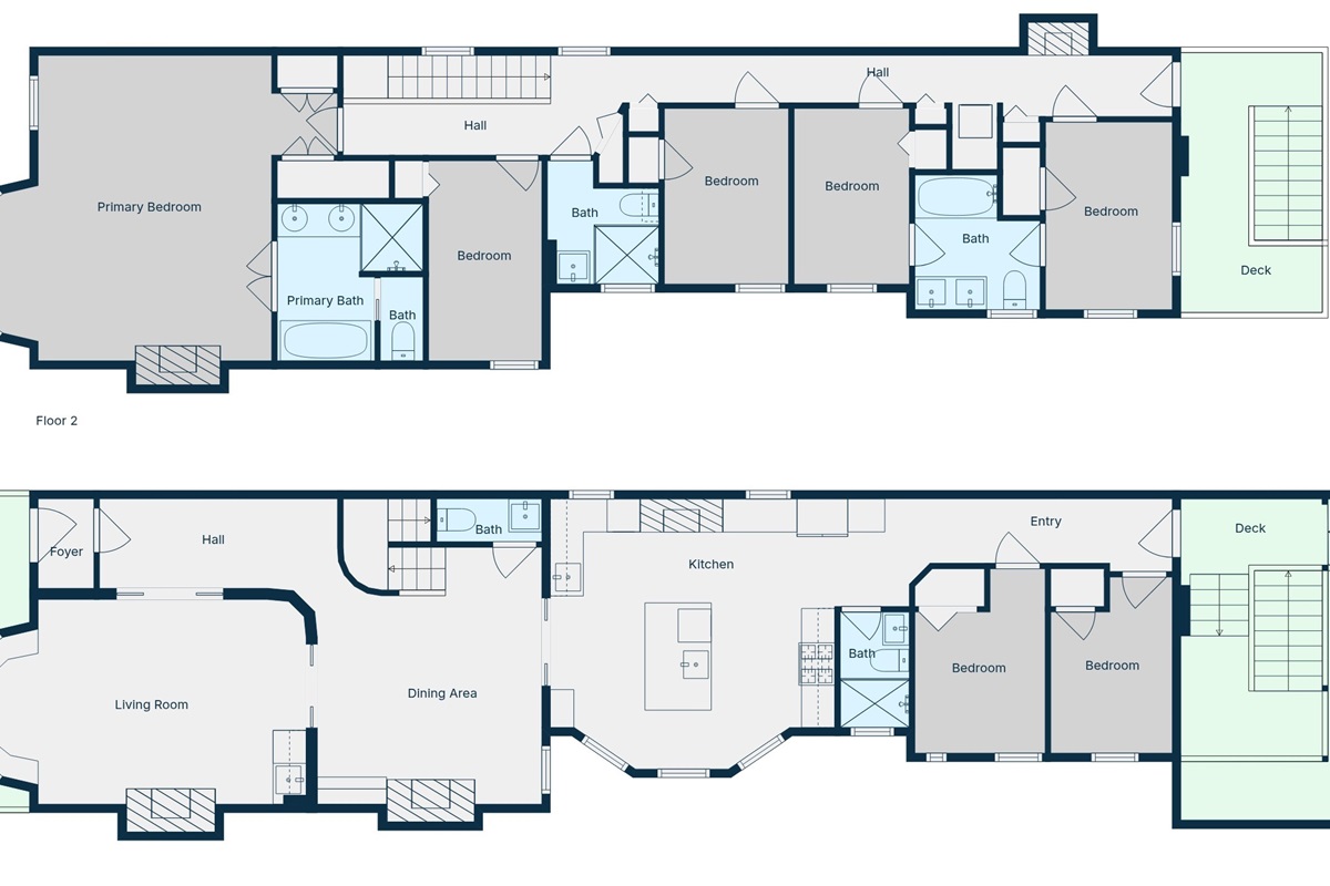 The upper two levels of the home (Unit A) are approximately 2,400 sq ft (interior). There is also a shared front patio space and backyard space, where the rear parking spot is located.