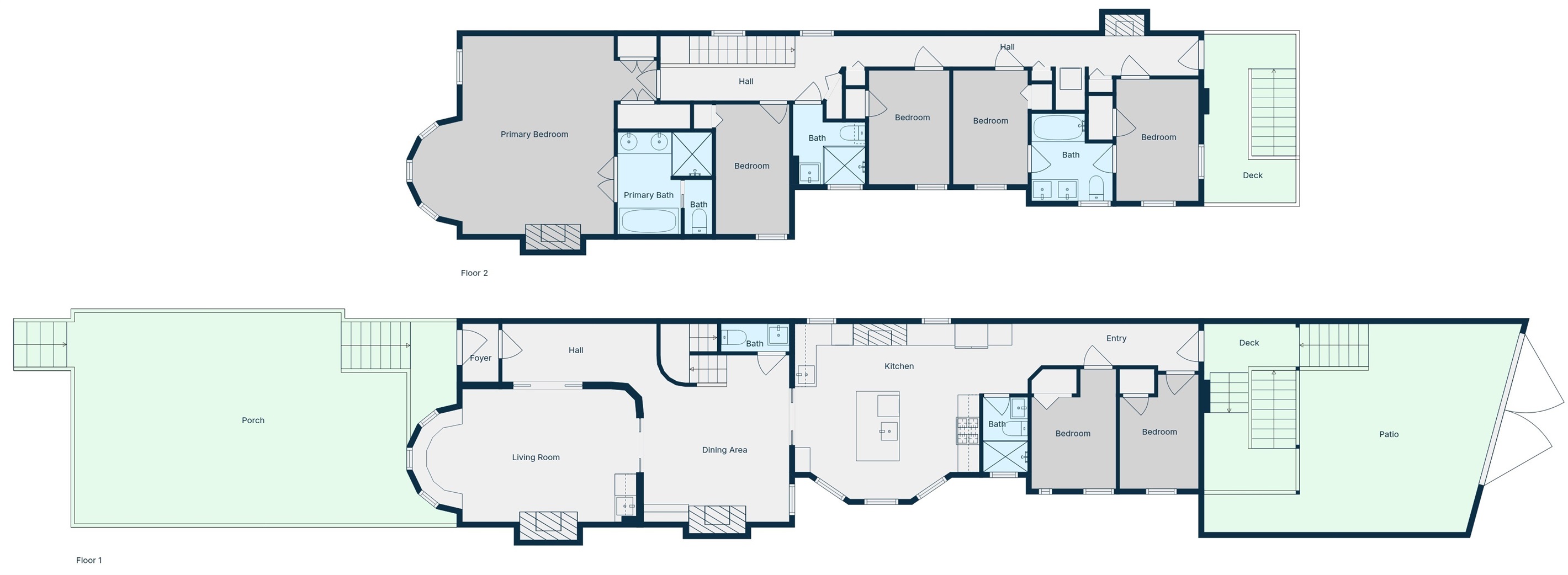 The upper two levels of the home (Unit A) are approximately 2,400 sq ft (interior). There is also a shared front patio space and backyard space, where the rear parking spot is located.