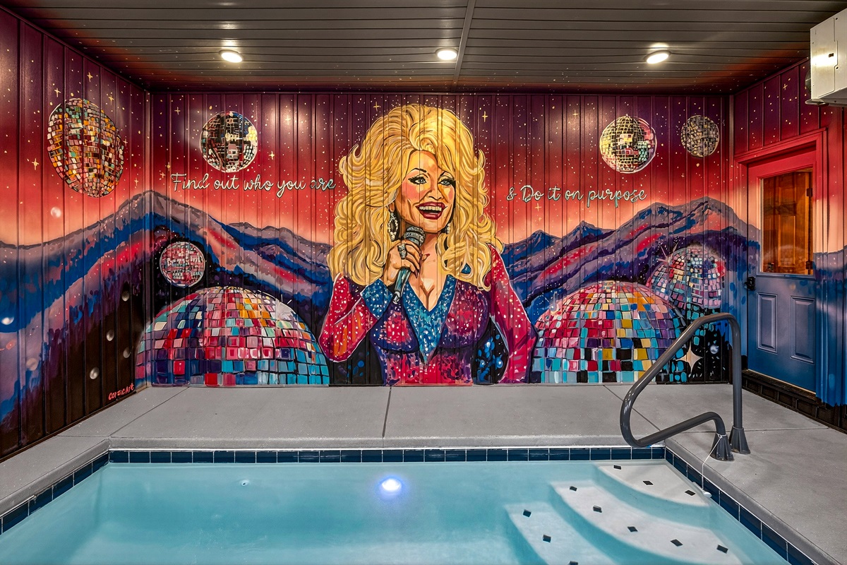 Heated Indoor Plunge Pool with Dolly mural wrapped around. Disco ball hanging from the ceiling and sparkling floors to add a little Dolly Flare. Pool is heated to 85 degrees and is 10' X 12' in size and 5 feet deep.