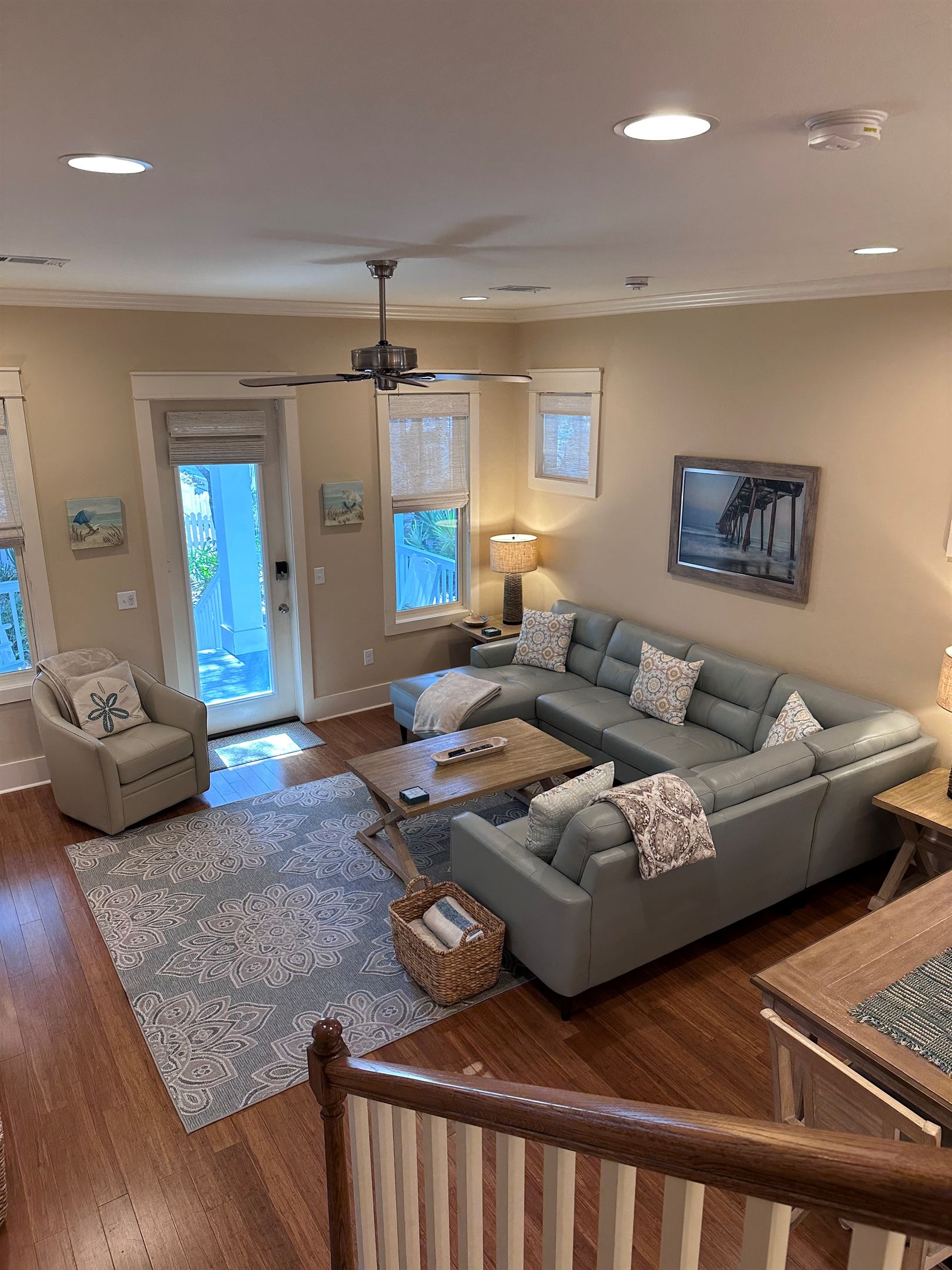 New leather sectional couch and swivel barrel chair added 2026.  As always, we have a basket full of throw blankets for your warmth and comfort, adding a touch of coziness.