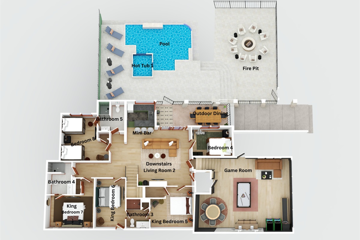 Downstairs Floor Plan:
See how the downstairs living areas are laid out.