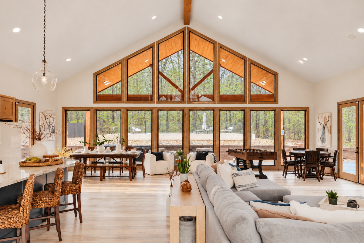 Spacious great room with vaulted ceilings, large windows, and forest views.