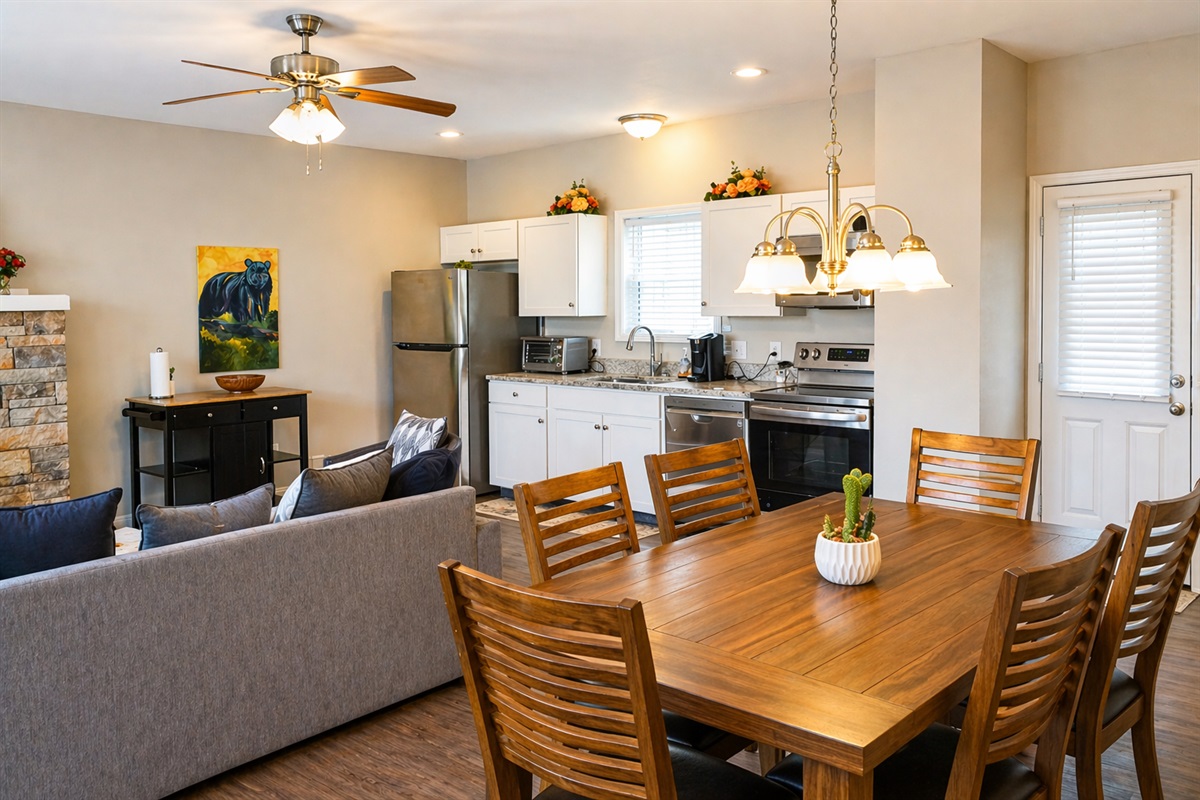 Spacious open dining and kitchen area—perfect for shared meals, morning coffee, and gathering together.