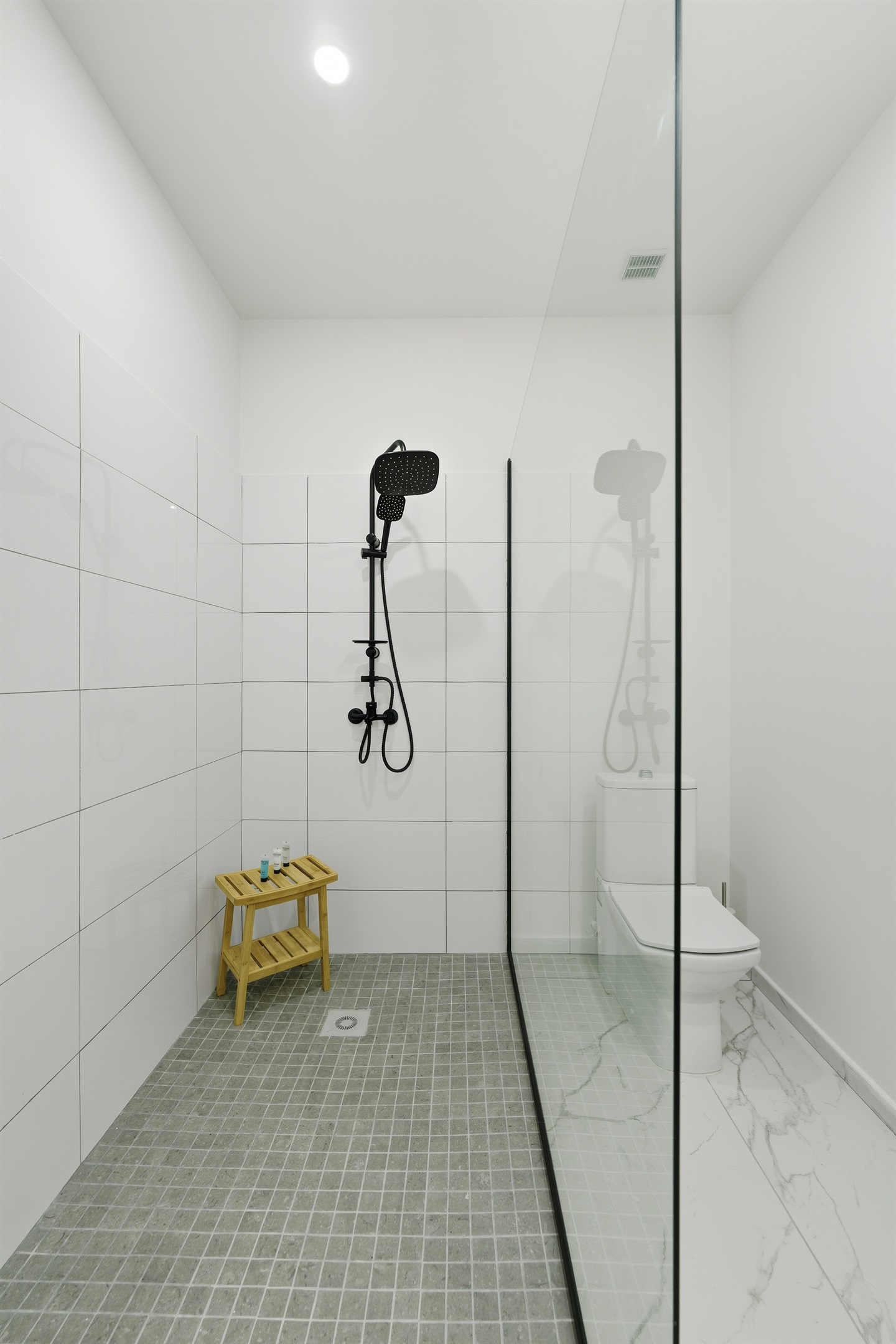 Walk-in shower with sleek glass surround