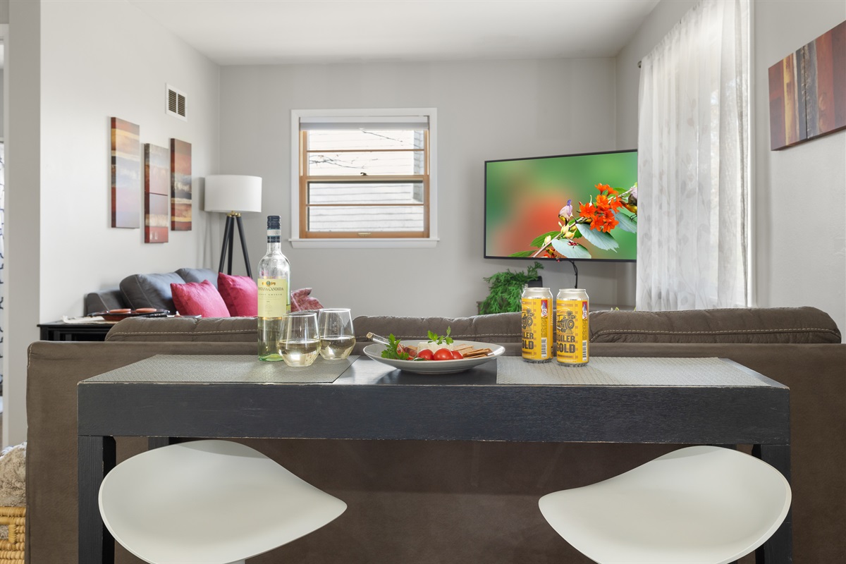 Bar top eating area to keep food out of the furniture spaces