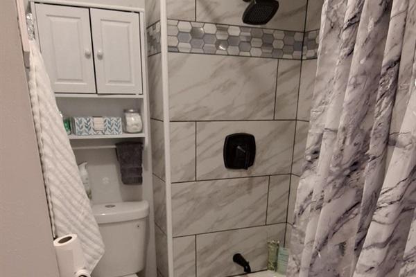 Spa-like bathroom with deluxe amenities and tub