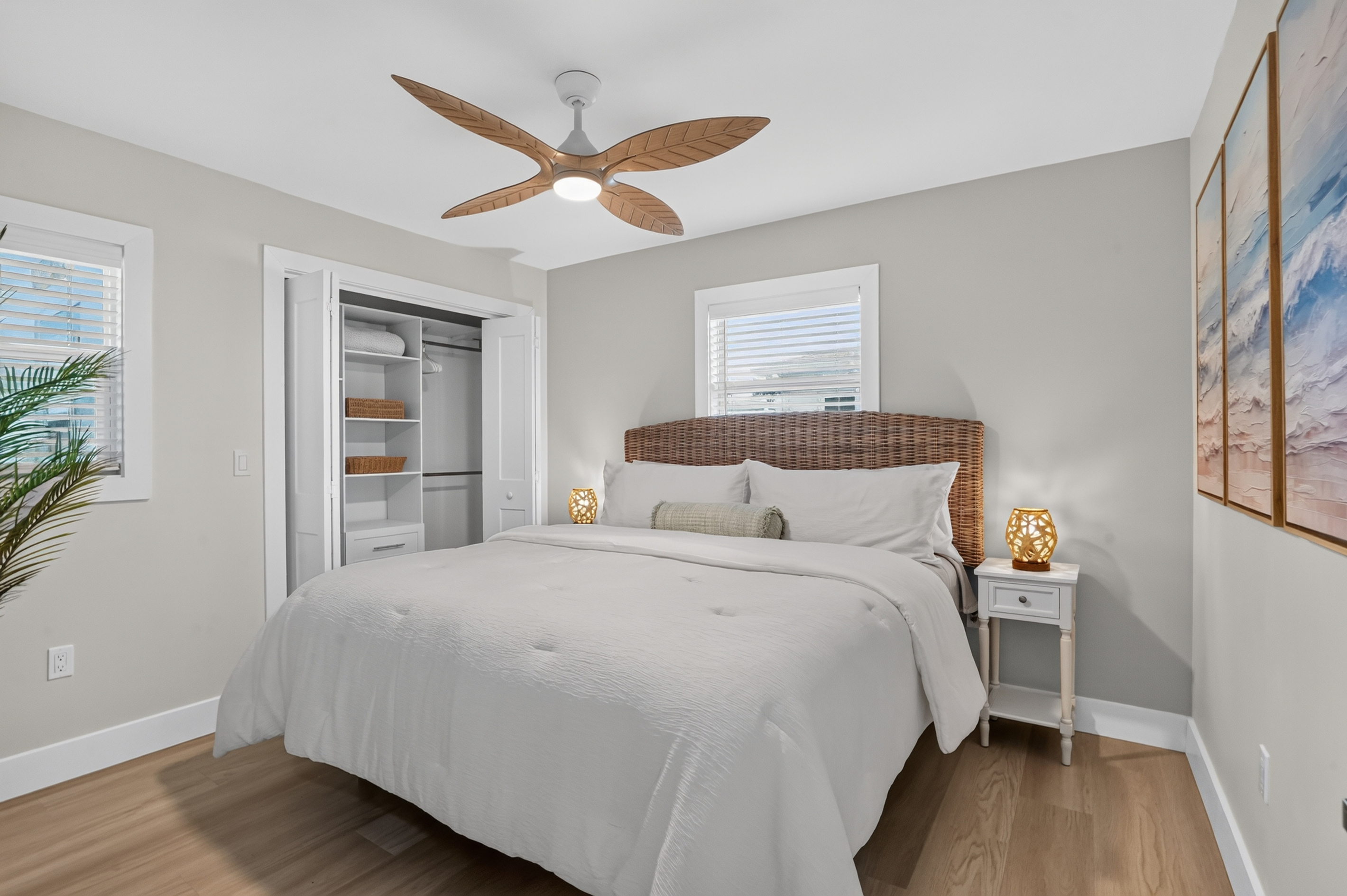 The bright second bedroom offers another new king mattress and a 50-inch smart TV.