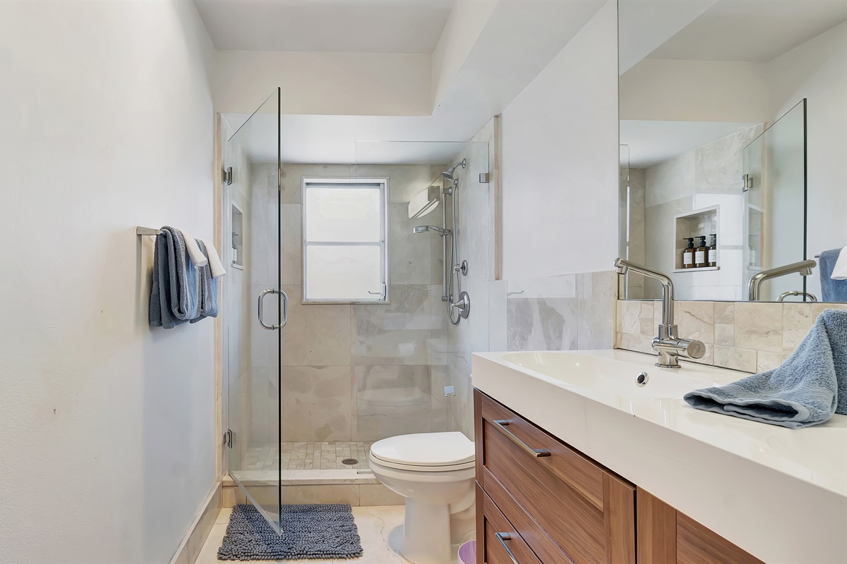 A modern, stylish bathroom for our guests