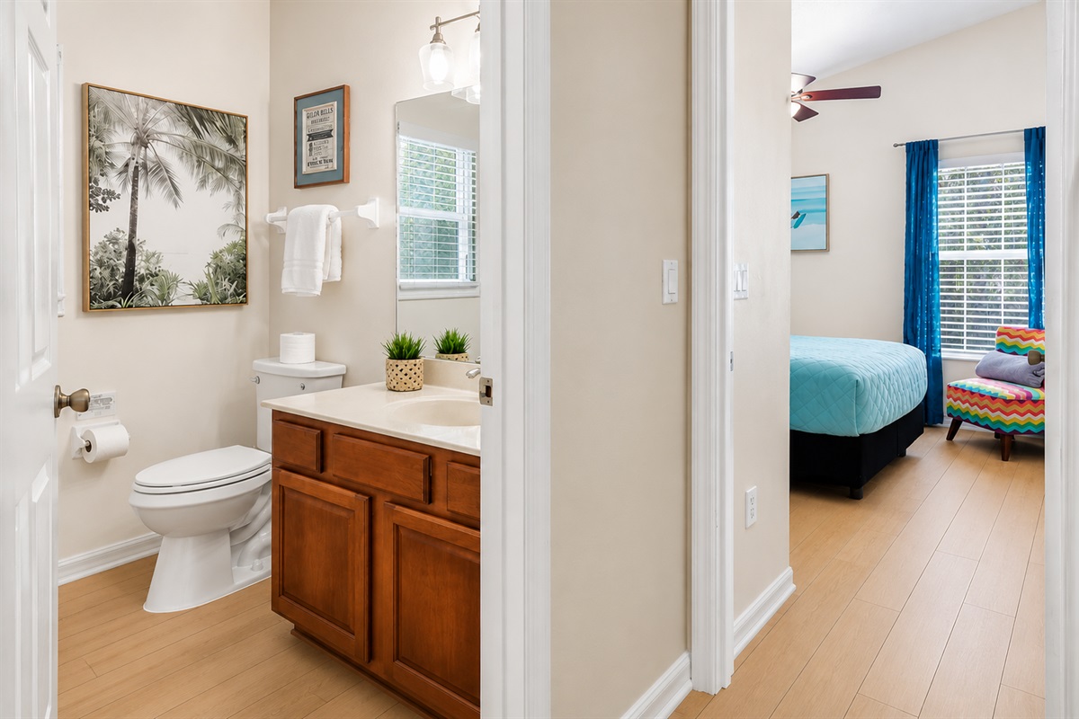 A full bath just steps from the bedrooms makes mornings easy and vacation days effortless