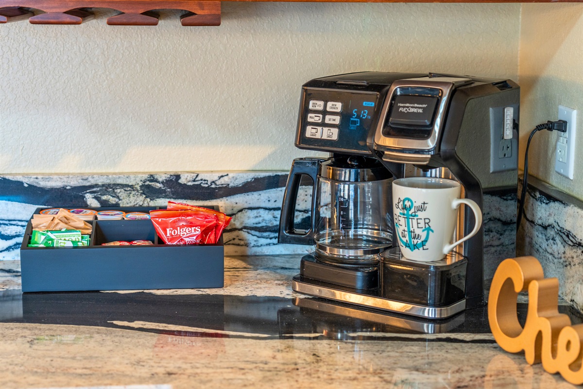 The coffee and snack nook gives everyone a simple and cheerful place to fuel up throughout the day.