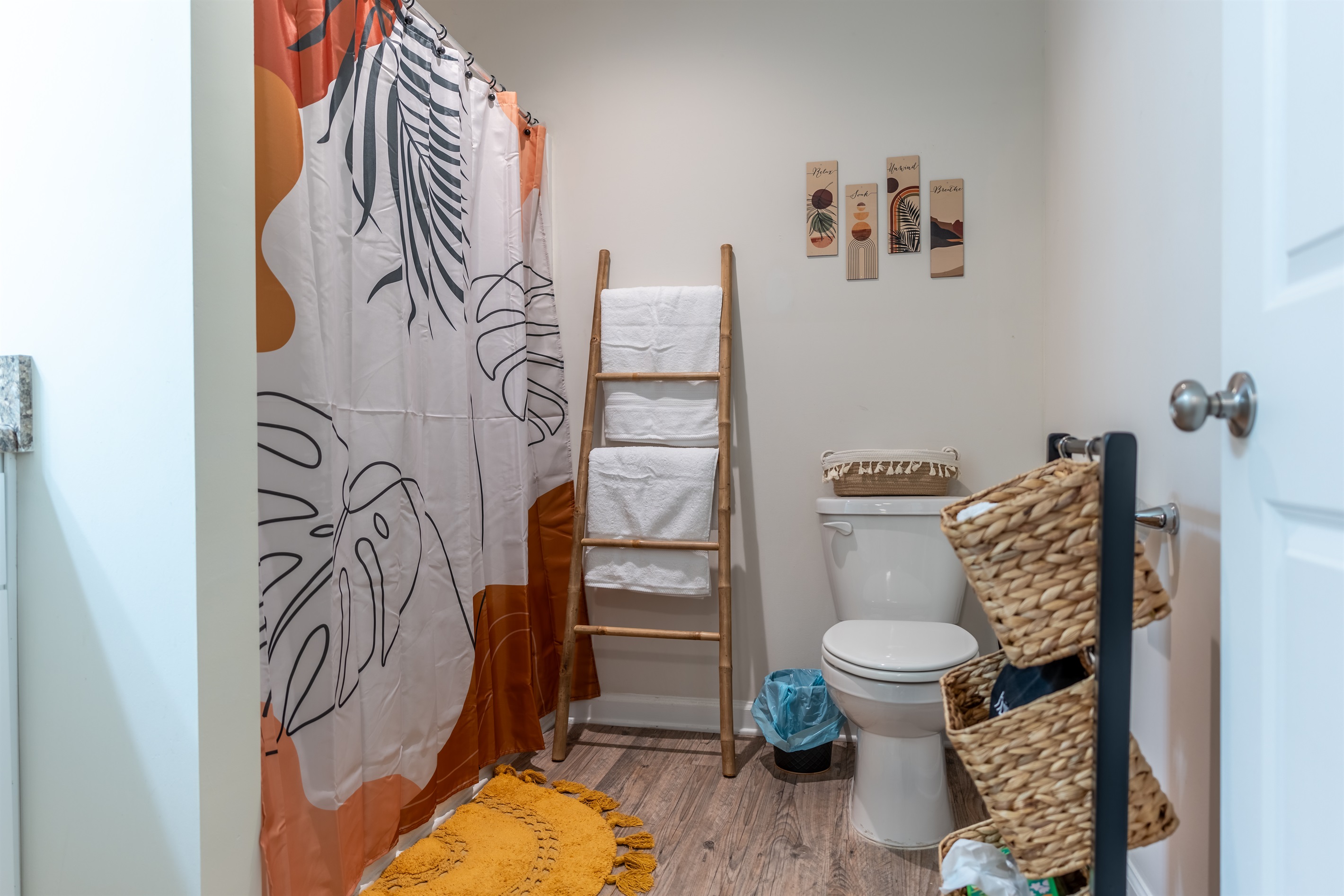 Cute boho-theme bathroom with tub/shower combo and shower head with wand