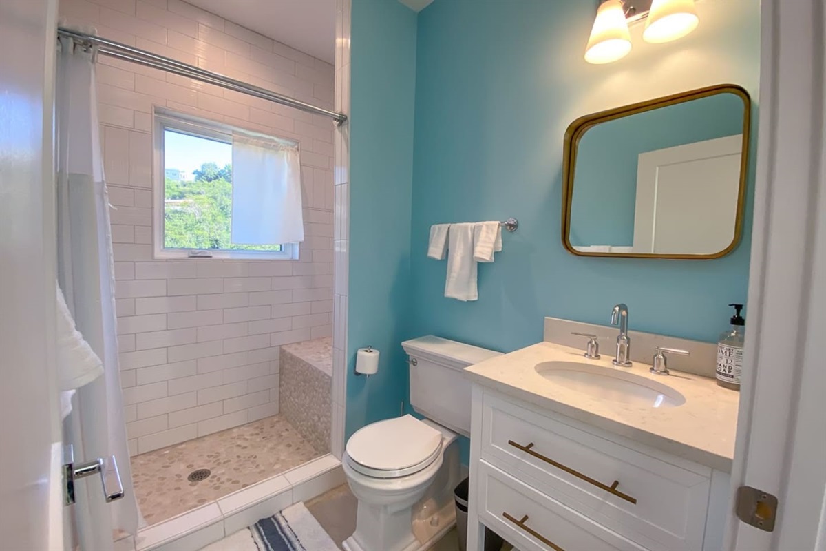 Guest bathroom with updated fixtures.