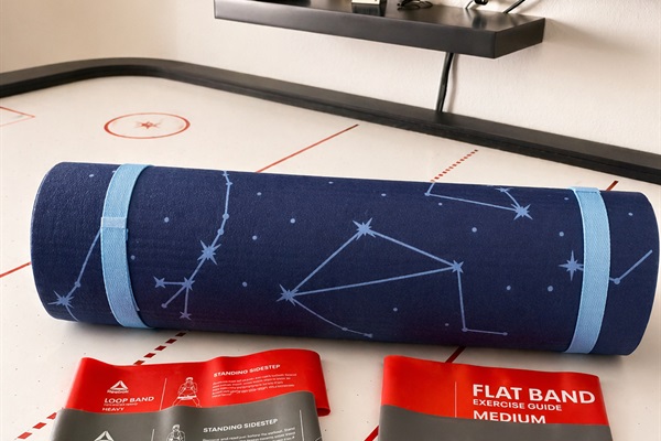 Resistance band exercise equipment and yoga mat available in the closet, for your convenience