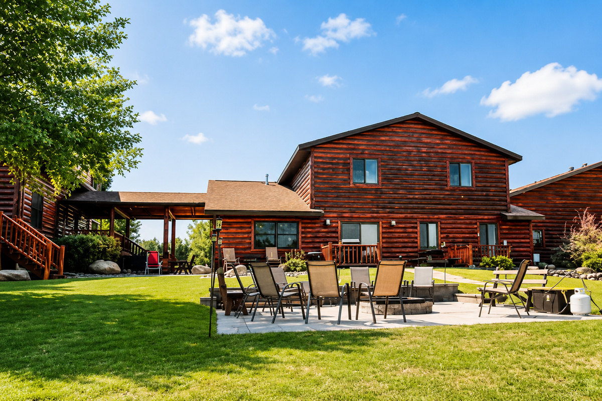 Wide exterior view of the lodge, patio, fire pit, and surrounding grounds, showcasing the outdoor gathering space and peaceful Northwoods setting your group can enjoy throughout the stay.
