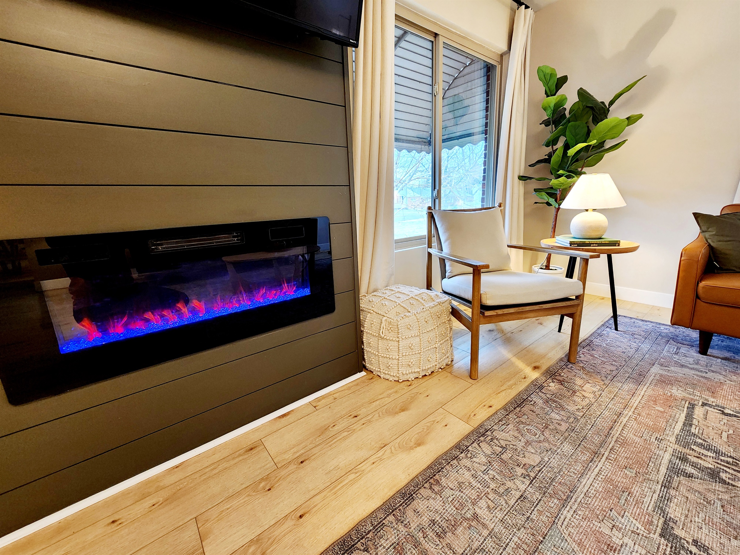 Sit next to the cozy fireplace and relax or read a book.